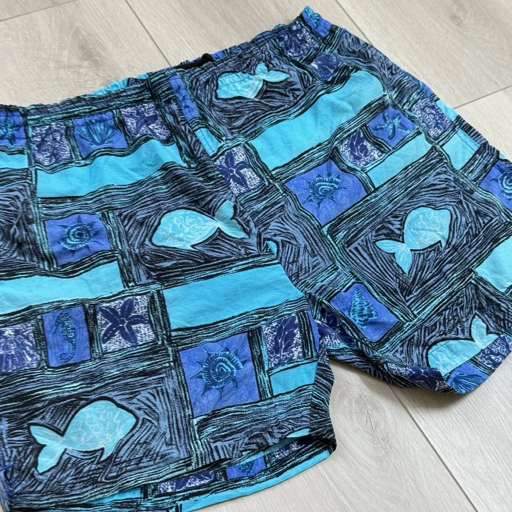 VTG GZood Swim Trunks M Fish Print Blue Teal Nylon‎ Lined Drawstring Shorts Y2K